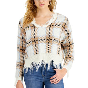 Polly & Esther Juniors’ Large Distressed Plaid V-neck Taupe Sweater